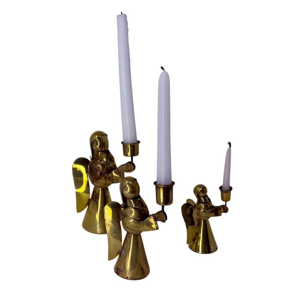 Mid 20th Century Brass Swirl‎ Design Candlestick Candle Holders Set 3 Graduated